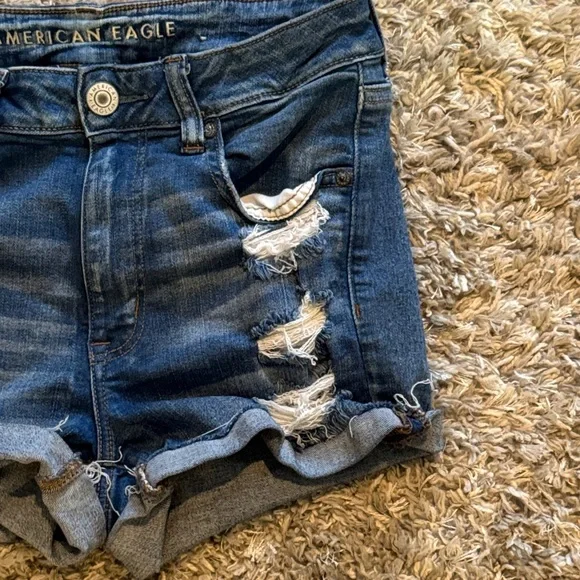 American Eagle Outfitters Dark Indigo Distressed Rolled Cuff Jean Shorts - Picture 3 of 6